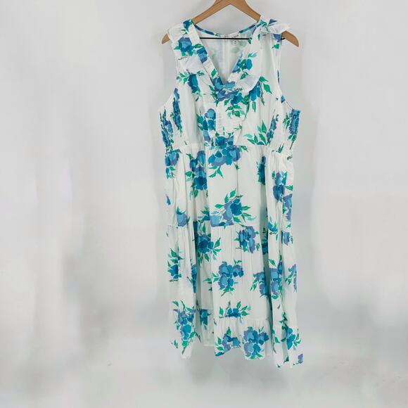 J .Crew Factory White Blue Floral Printed Midi Ruffle Dress Feminine  Size 18 - Picture 1 of 10